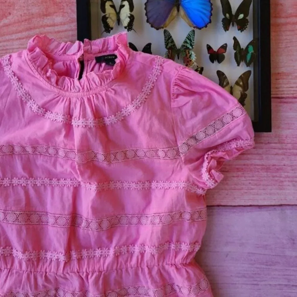 J. Crew Bright Pink Daisy Chain Lace Trim Puff Sleeve Peplum Top Small Modest‎